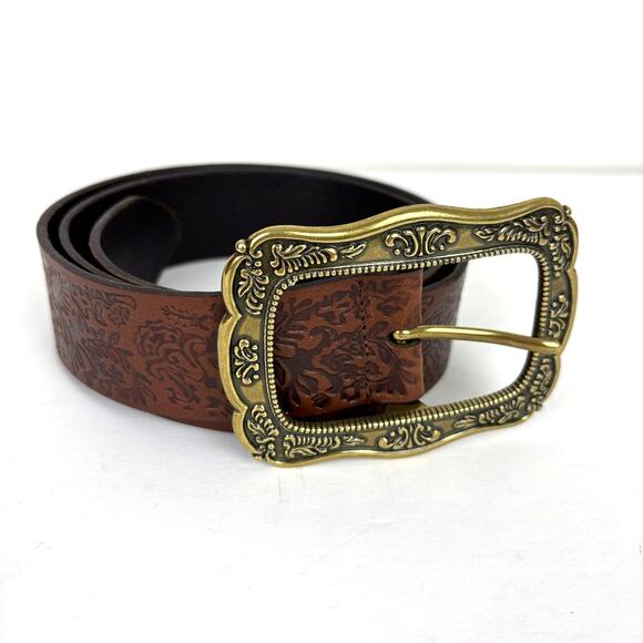 Hand Tooled Brown Leather Belt Brass Buckle Boho Western Country 30.25\